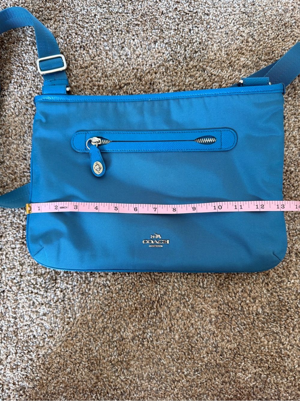 COACH Blue Nylon Crossbody Bag Messenger Shoulder Bag Leather Trim Zip Top - Picture 13 of 14